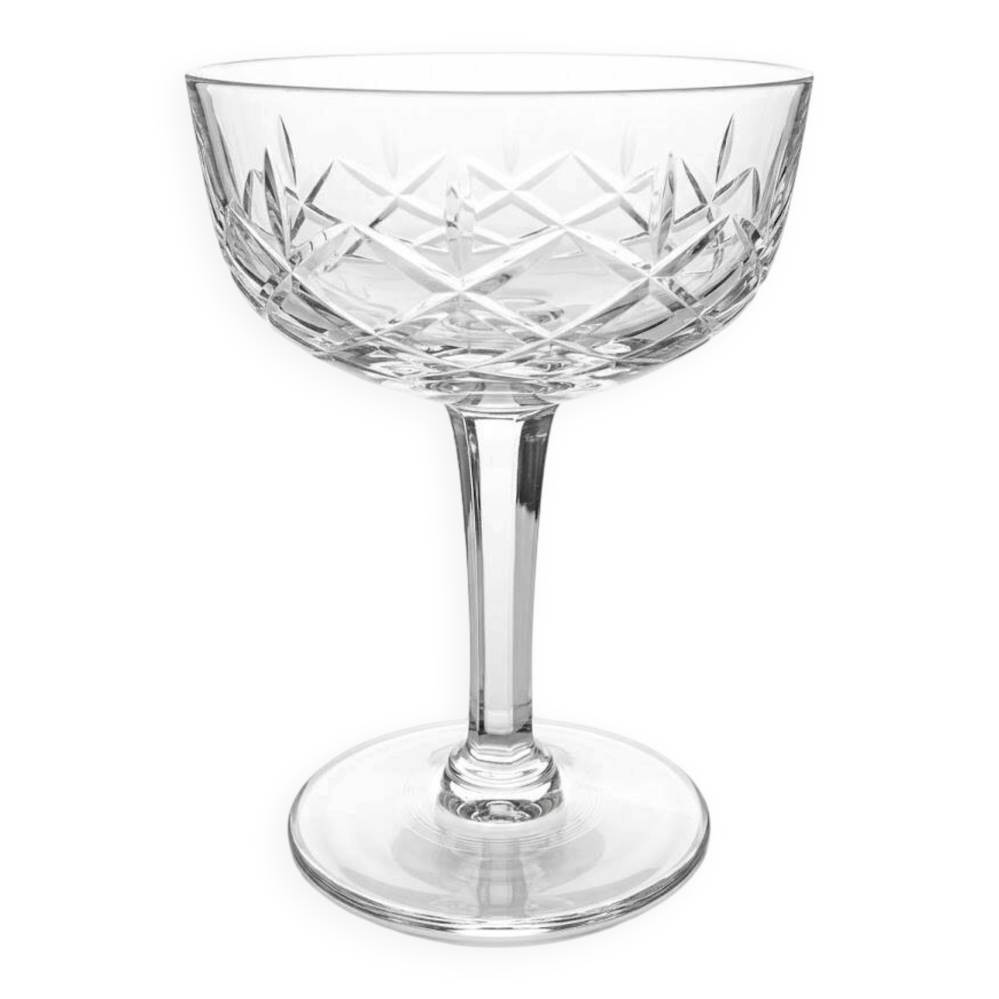 Cut crystal champagne coupes from the 1950s.