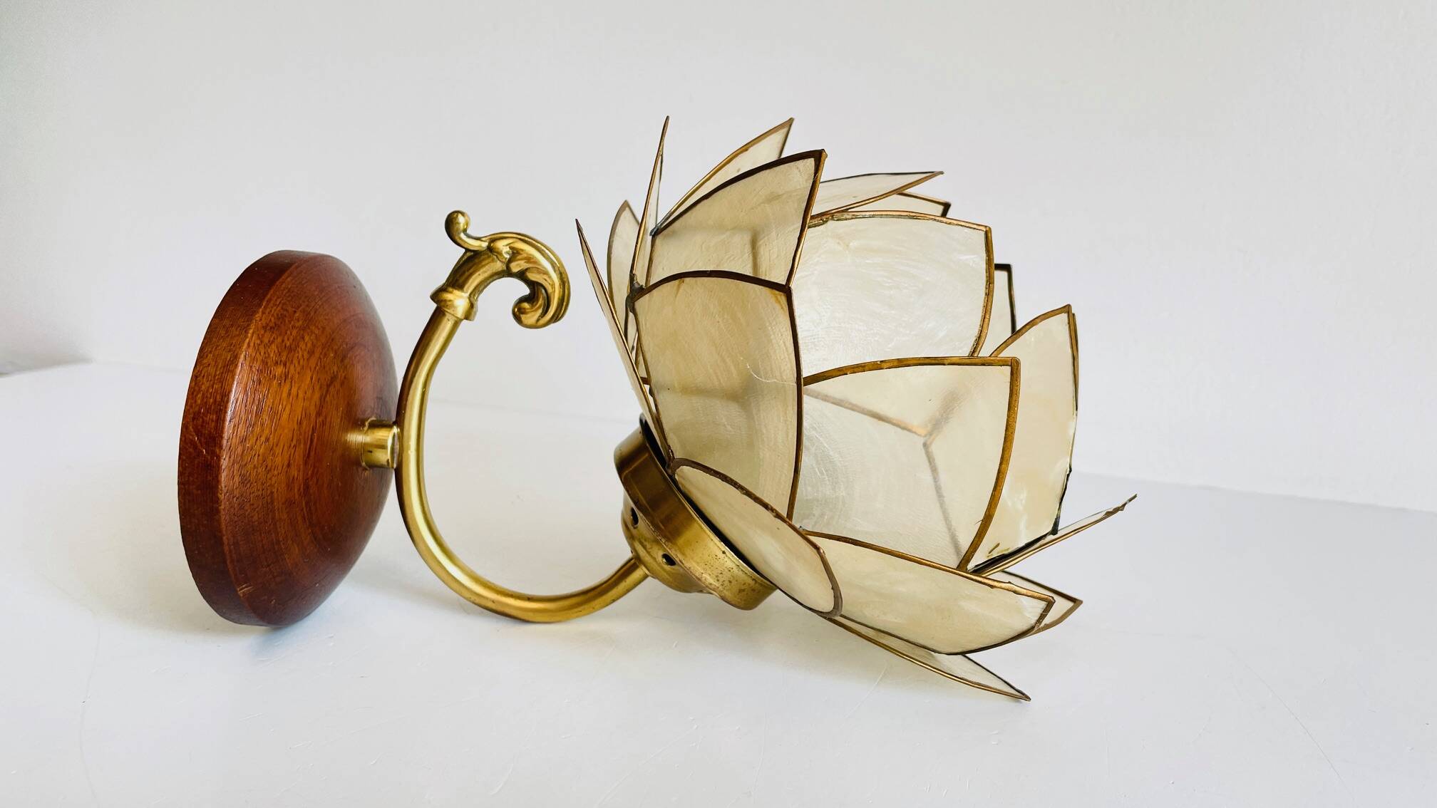 Vintage mother-of-pearl and brass flower wall lamp