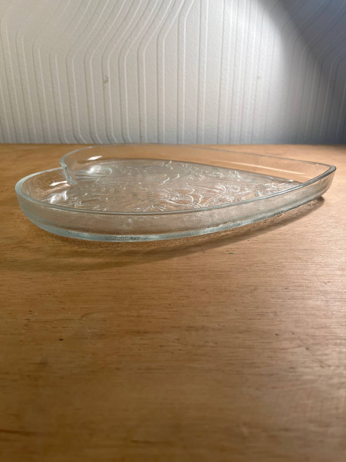 Vintage etched glass heart shaped dish with floral pattern