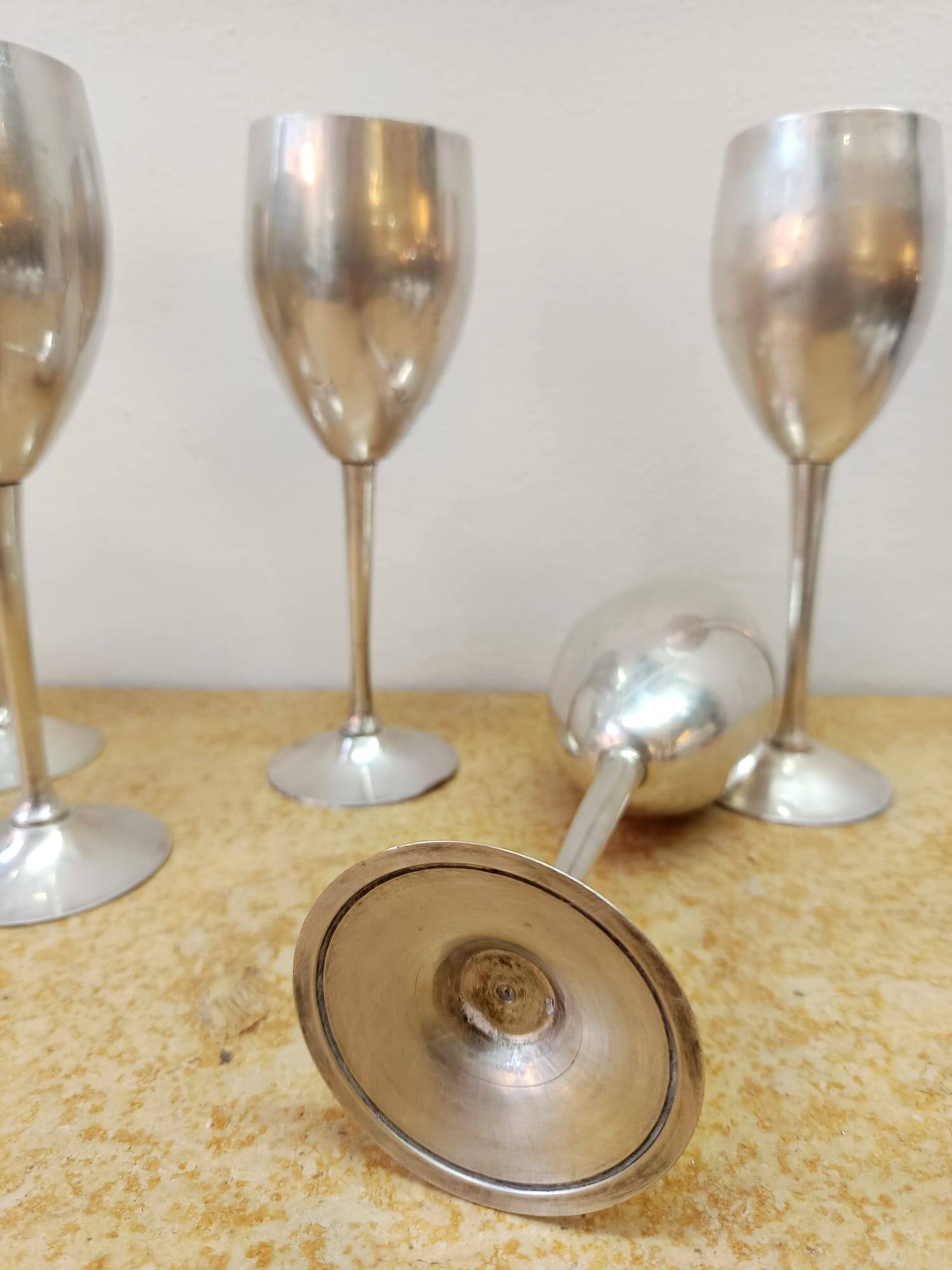 6 vintage metal stemmed glasses from the 1970s