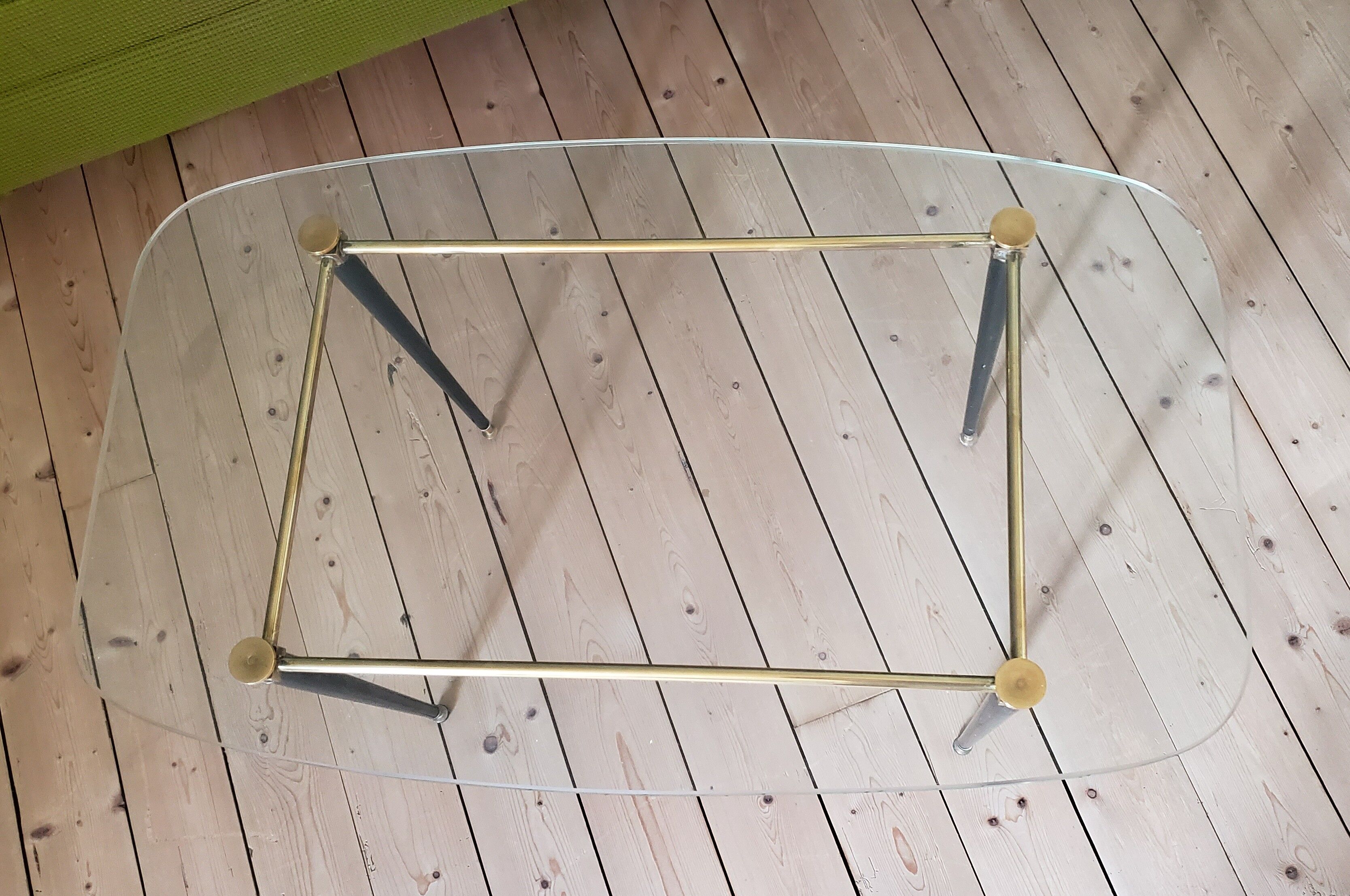 60's glass, metal and brass coffee table