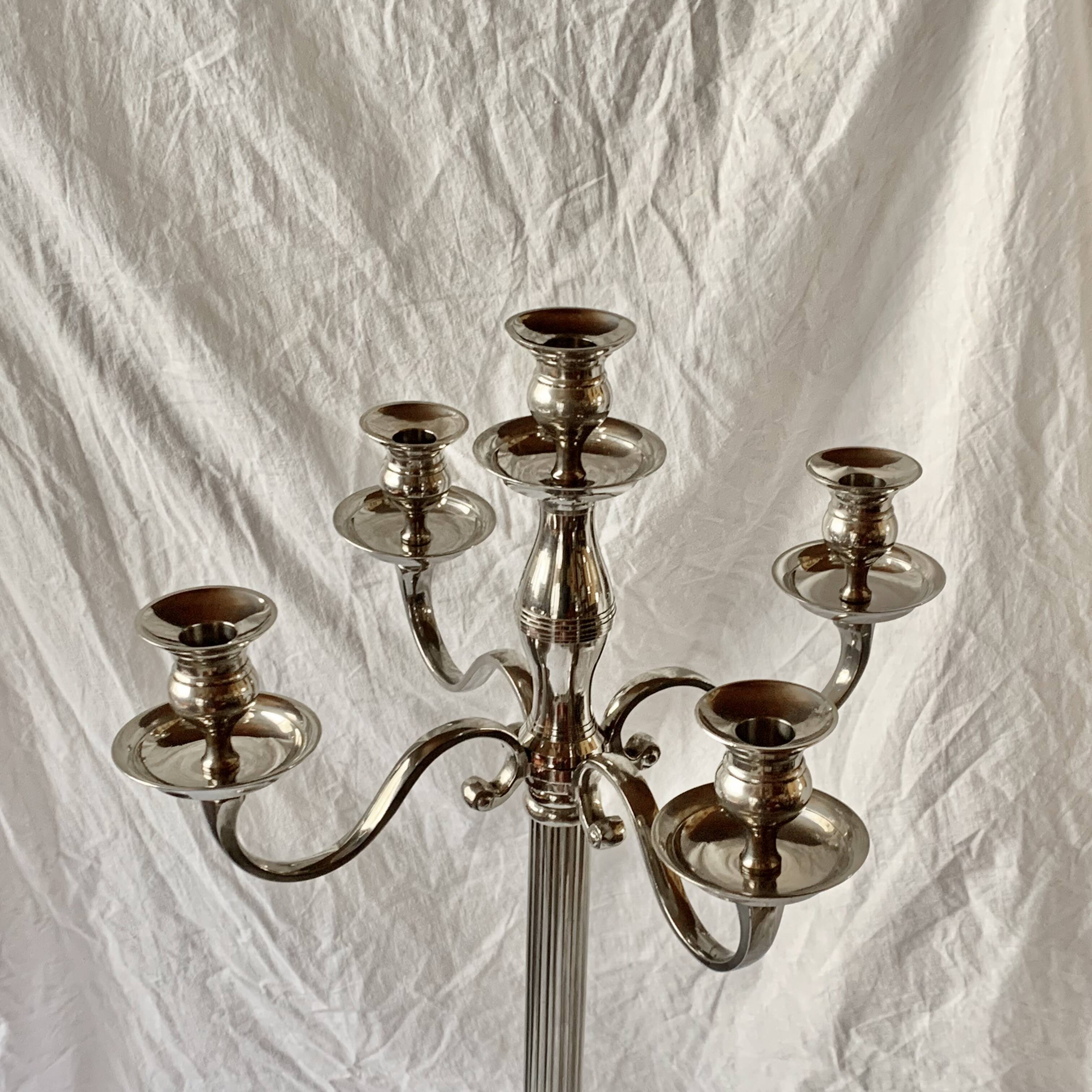Antique large five-armed chrome-plated steel candlestick - 76cm