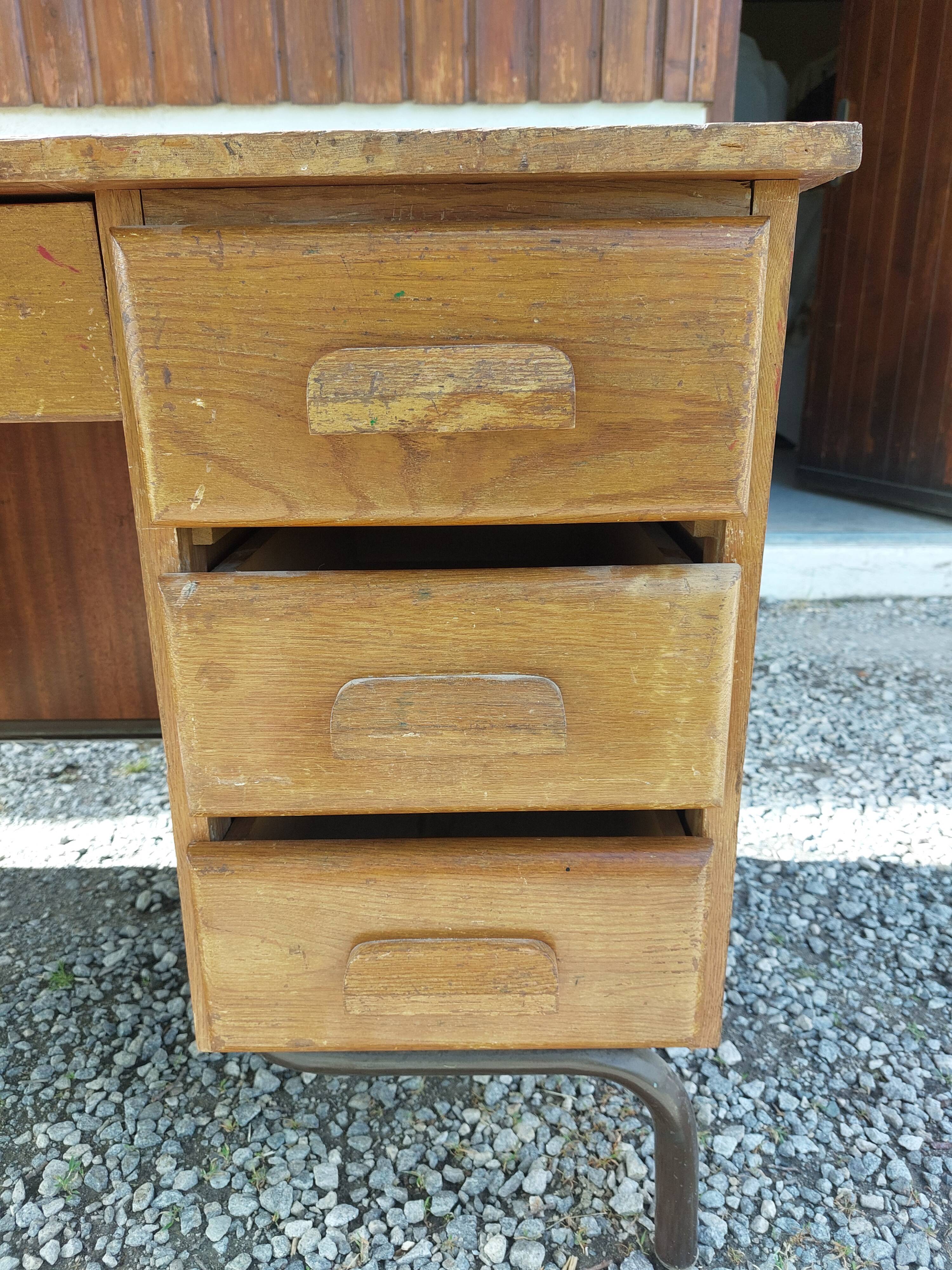 schoolmaster's desk, wood and metal, with drawers and cupboard