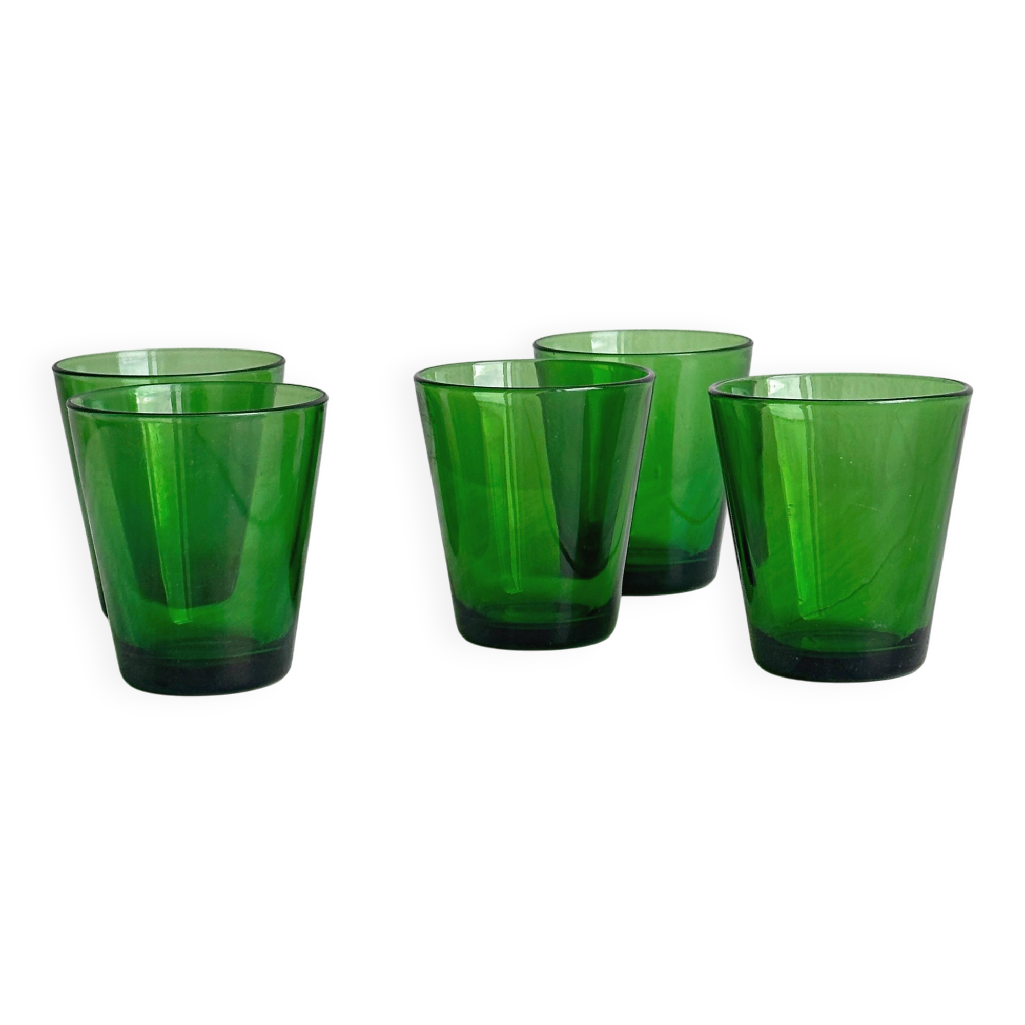 5 translucent green glasses