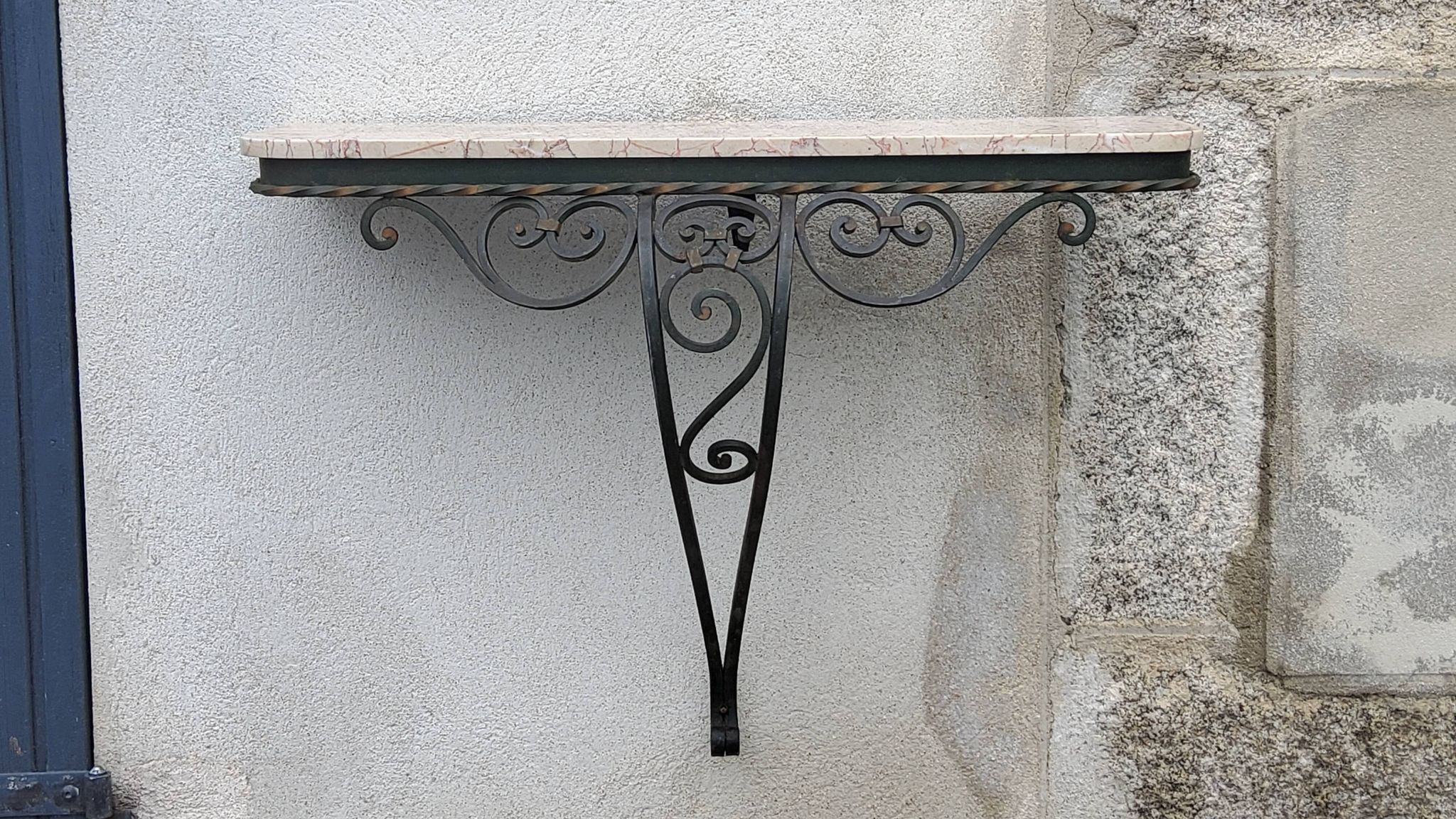 Console of wall lamp of the 50s in wrought iron and marble top