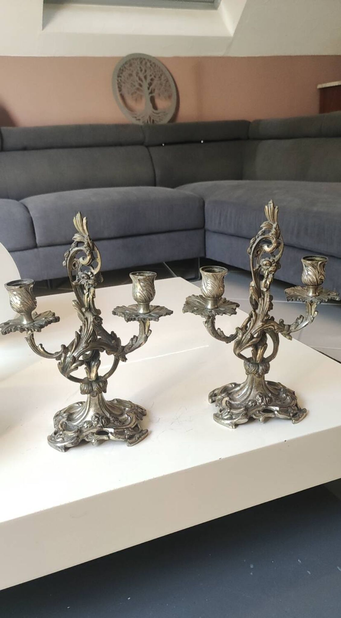 Pair of Candelabra in Louis XV/Rocaille Style, 2 lights. In gilded bronze, 19th century.