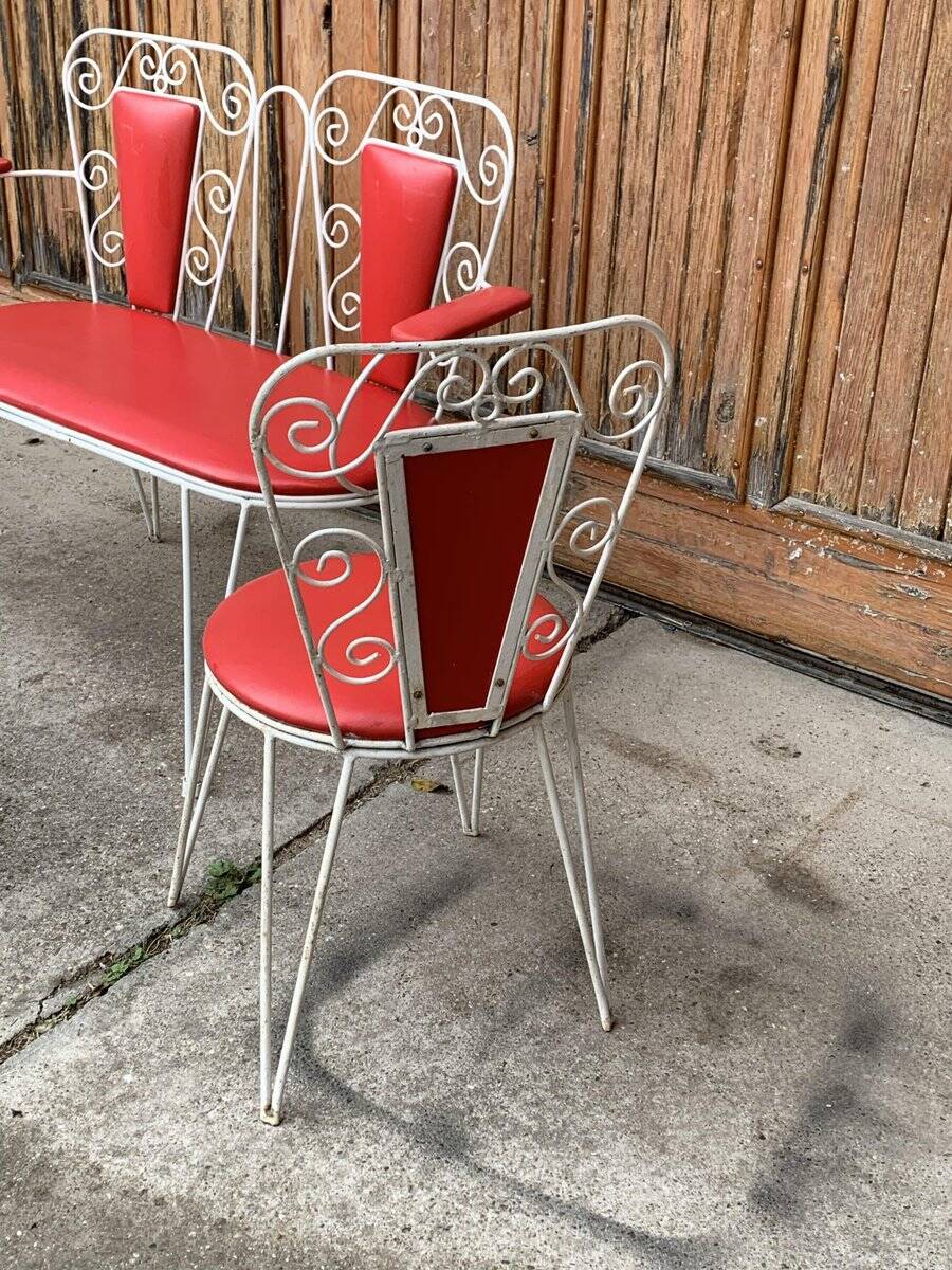 Vintage garden set 1968 white metal and red faux leather, set of 4 (2 chairs, bench, table)
