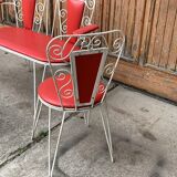 Vintage garden set 1968 white metal and red faux leather, set of 4 (2 chairs, bench, table)