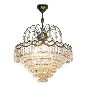 Ancien lustre, plafonnier couronne en laiton, 6 étages, 3 feux, Années 70 80
