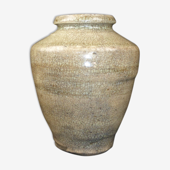 Vase ancien en grès craquelé gris-vert kaki