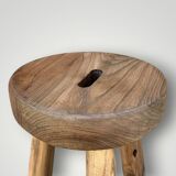 Antique brutalist tripod stool in solid wood