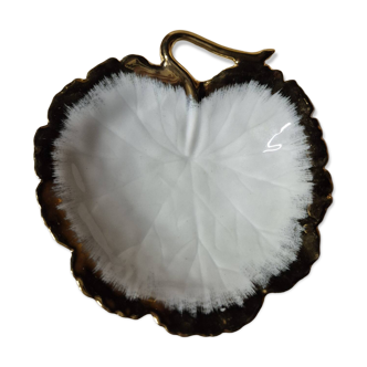 Old porcelain pocket dish in the shape of a leaf, Limoges, white and gold.
