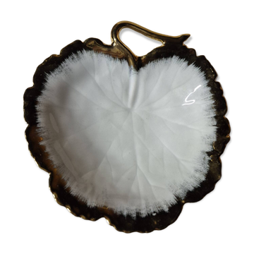 Old porcelain pocket dish in the shape of a leaf, Limoges, white and gold.