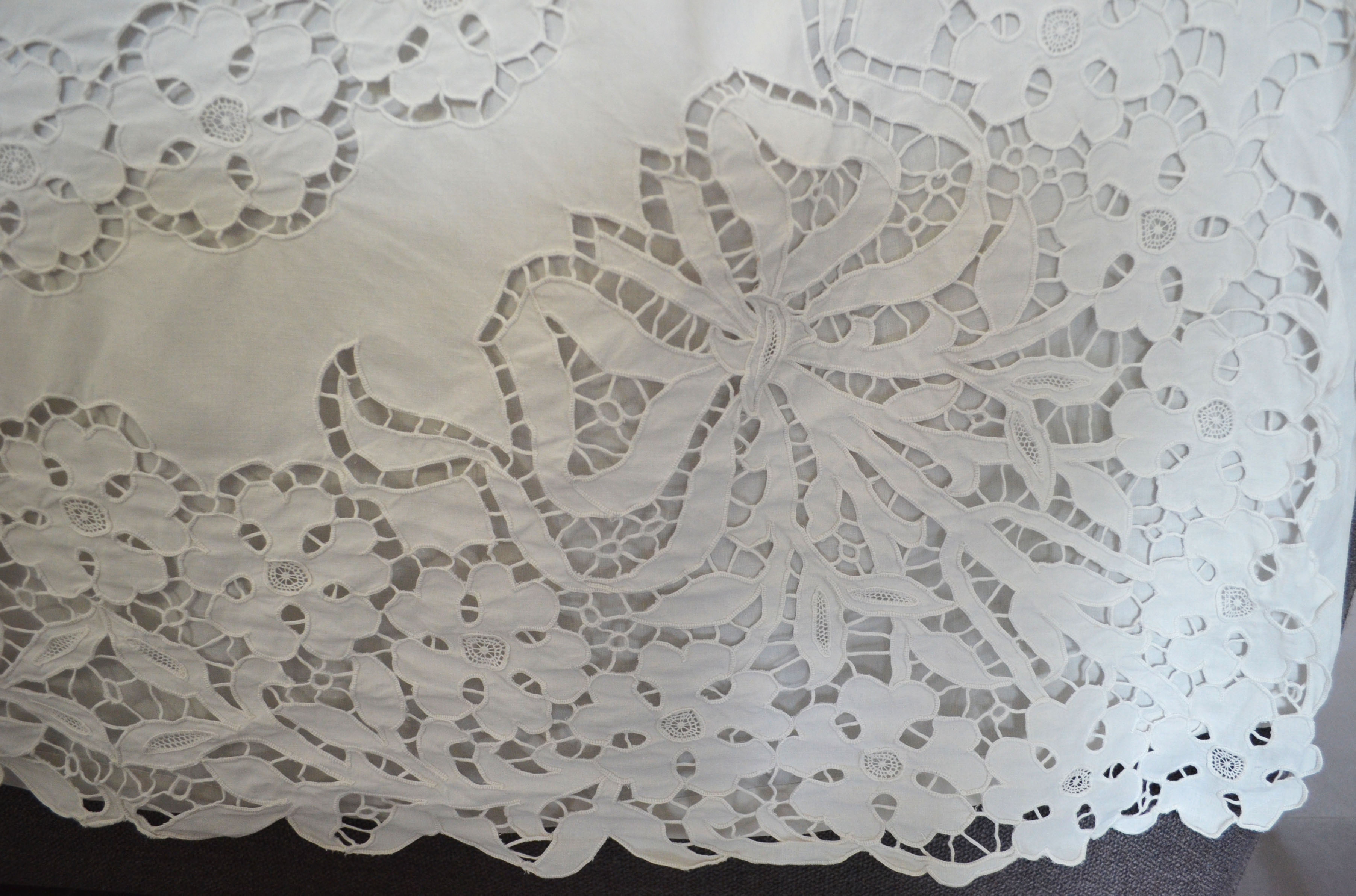 Antique linen sheet embroidery richelieu