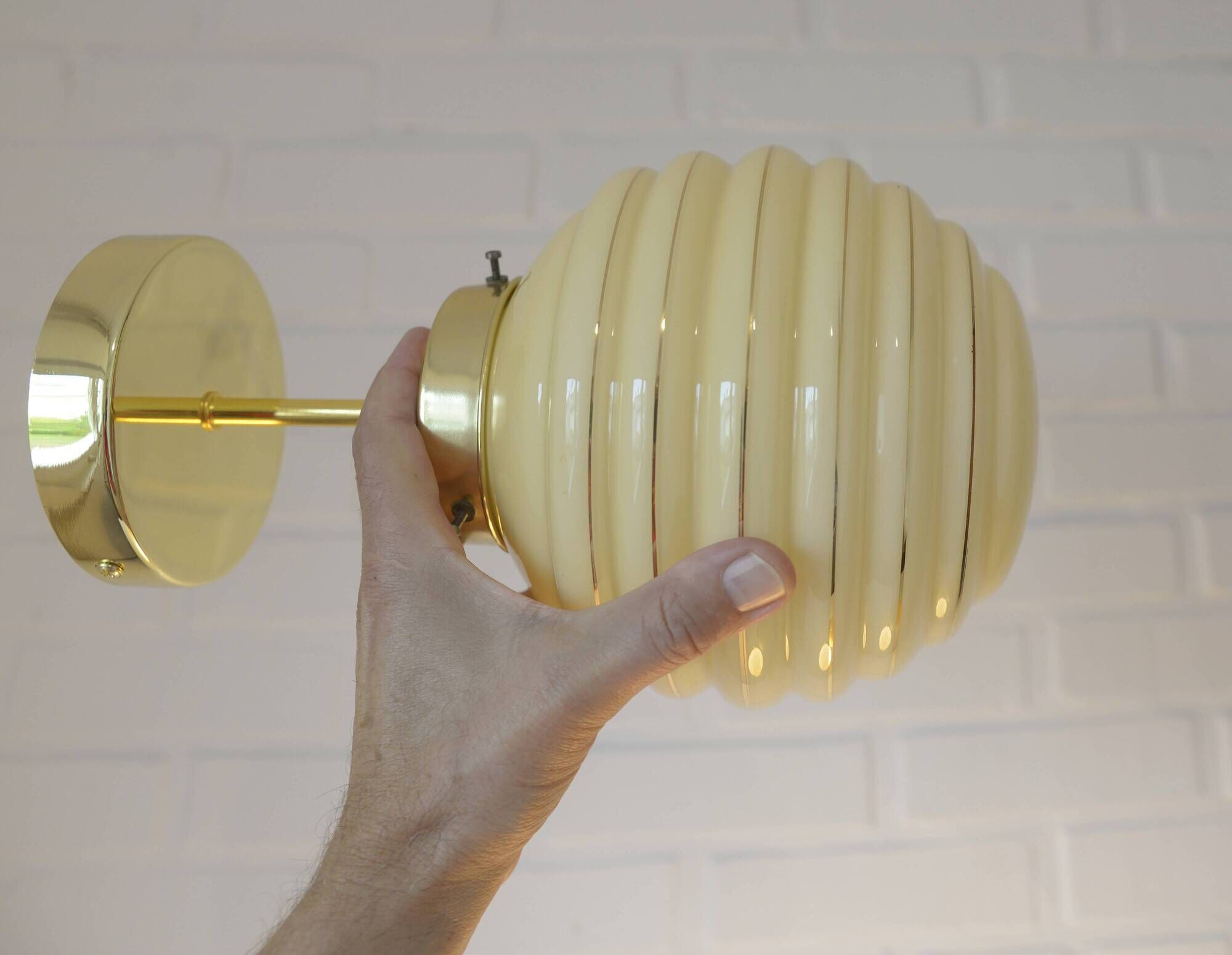 Set Of 3 Art Deco Semi Flush Ceiling Lights | 1940s Beige Hand Blown Glass