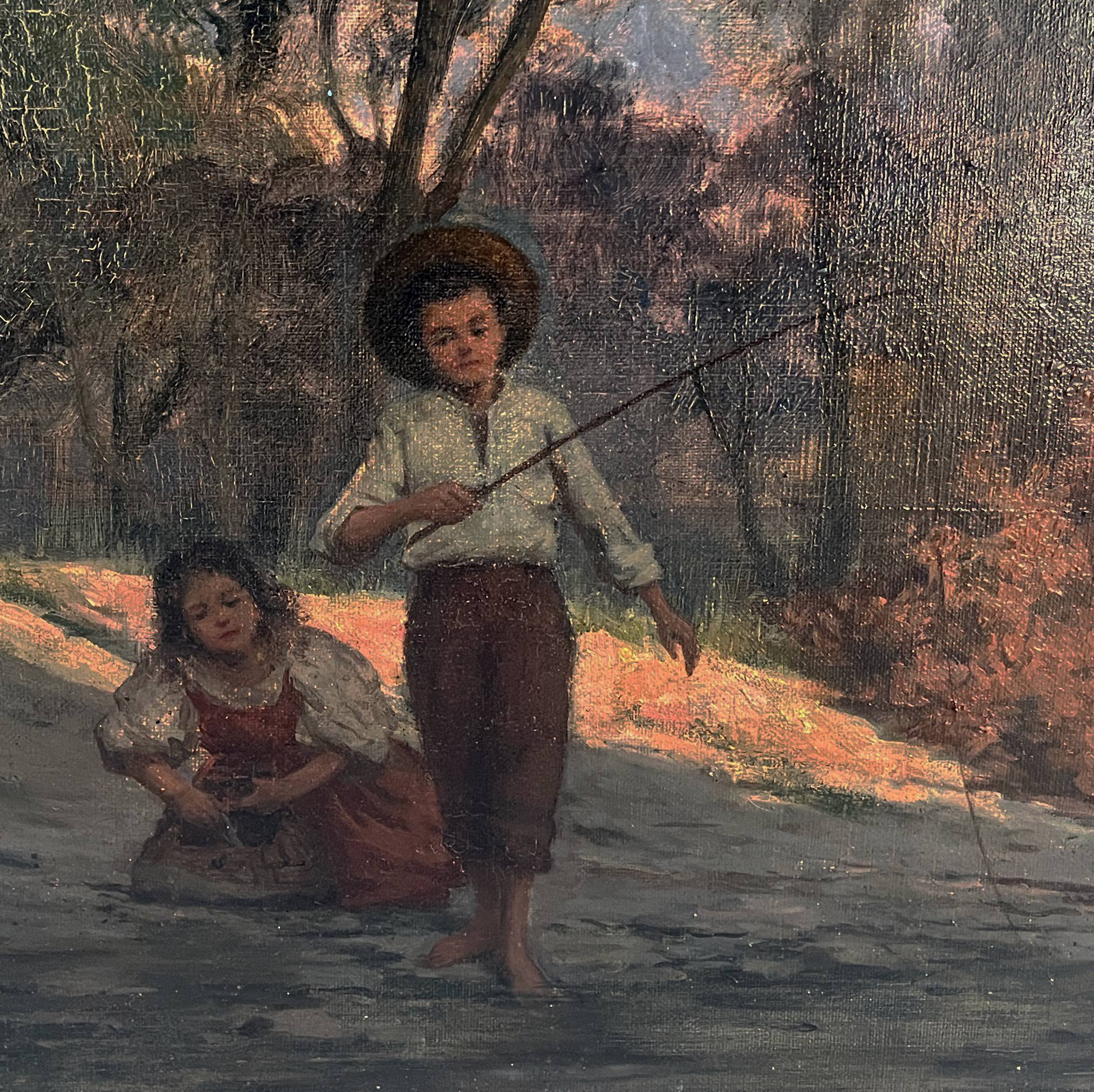HST painting (19th/20th century) Children fishing in the undergrowth
