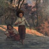 HST painting (19th/20th century) Children fishing in the undergrowth