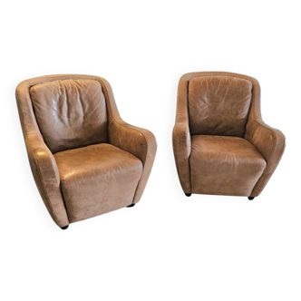 2 fauteuils en cuir marron édités par Natuzzi, années 1980