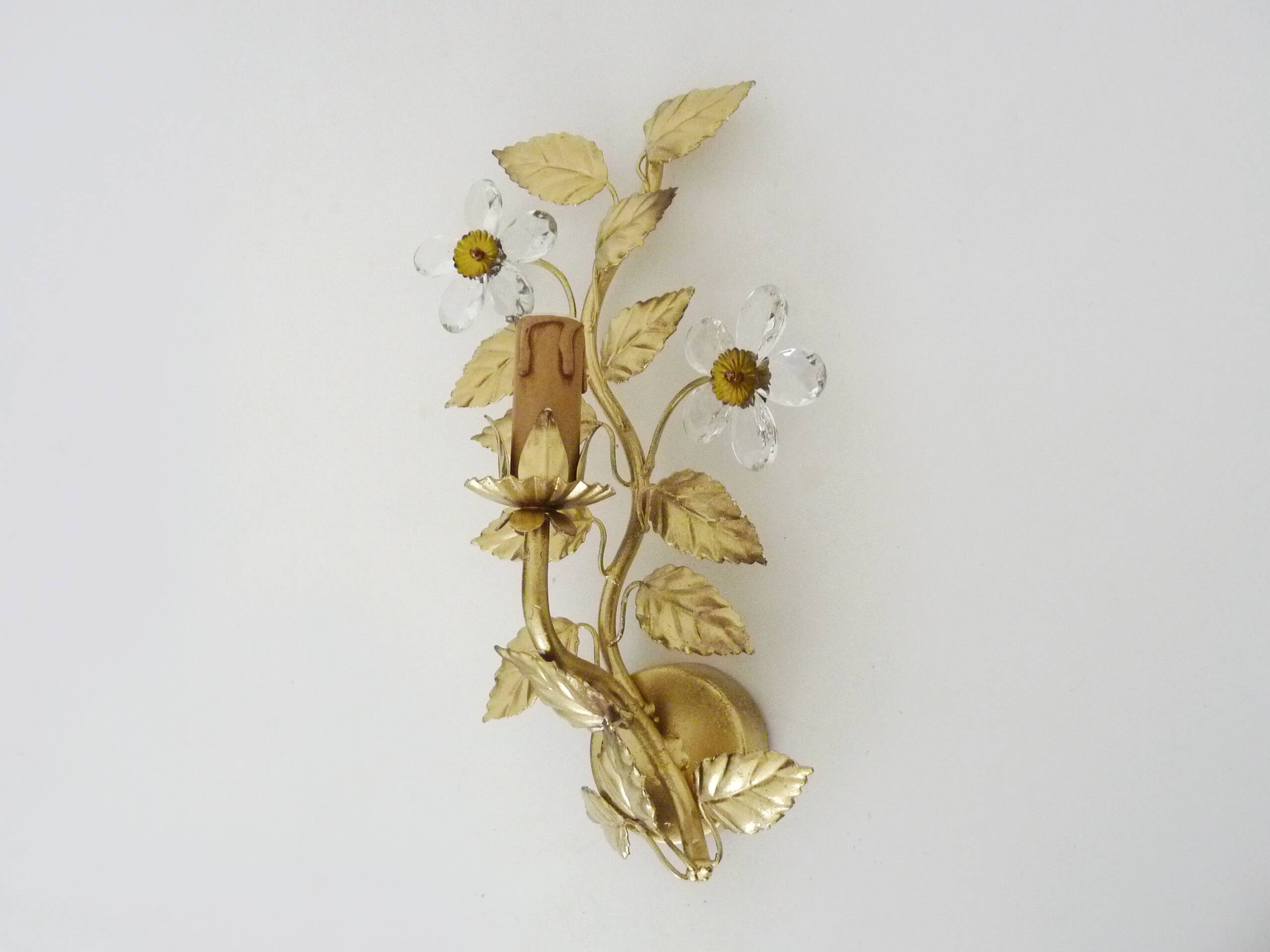 Vintage Italian gold wall sconce with glass flowers, 1970s