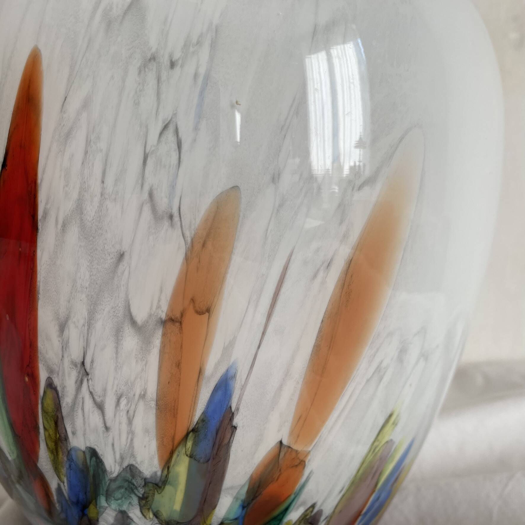 Large blown glass vase with polychrome inclusions in the Murano style.