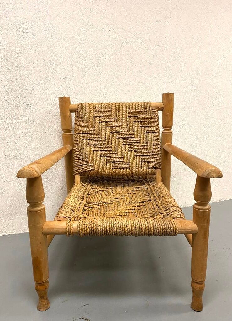 Wood and rope armchair and footrest