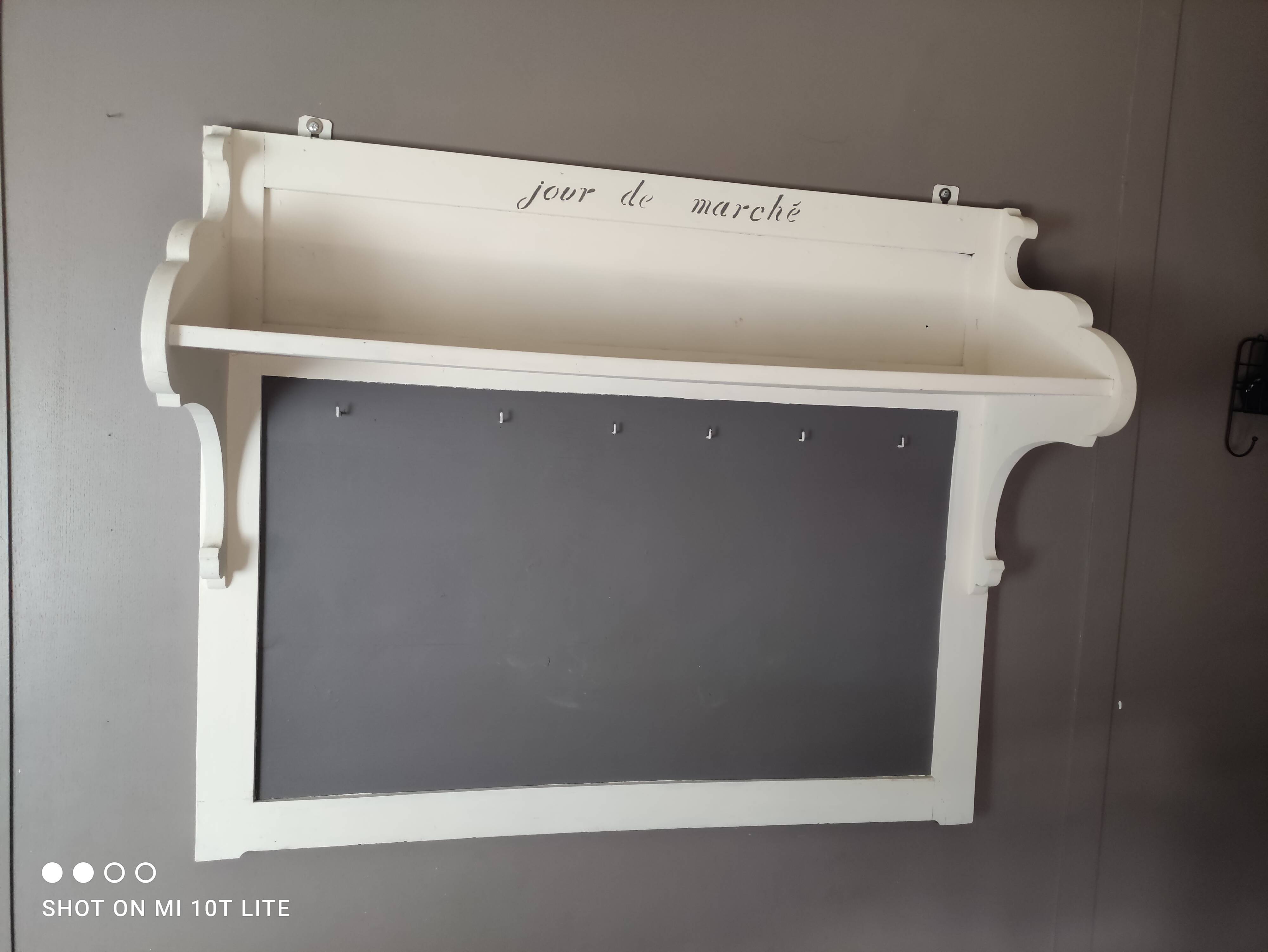 Old white and taupe “Market Day” oak shelf