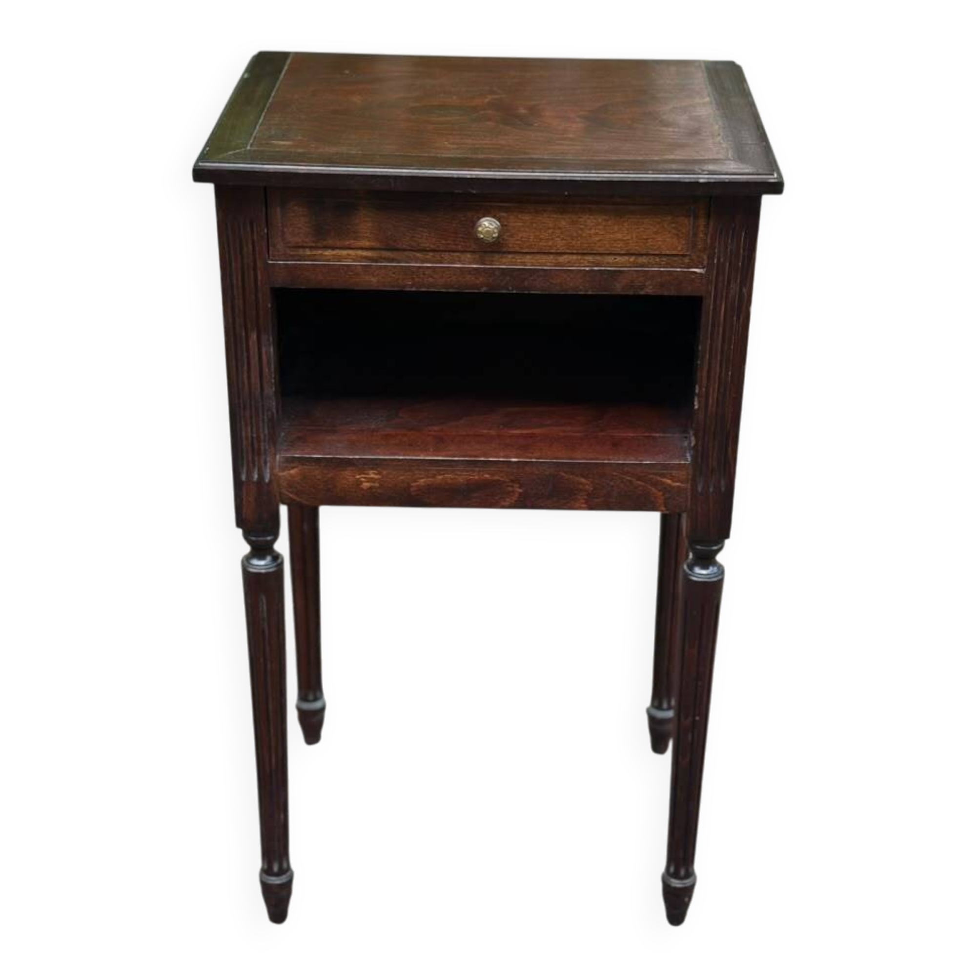 Vintage Louis XVI style bedside table – Dark wood & Fluted legs