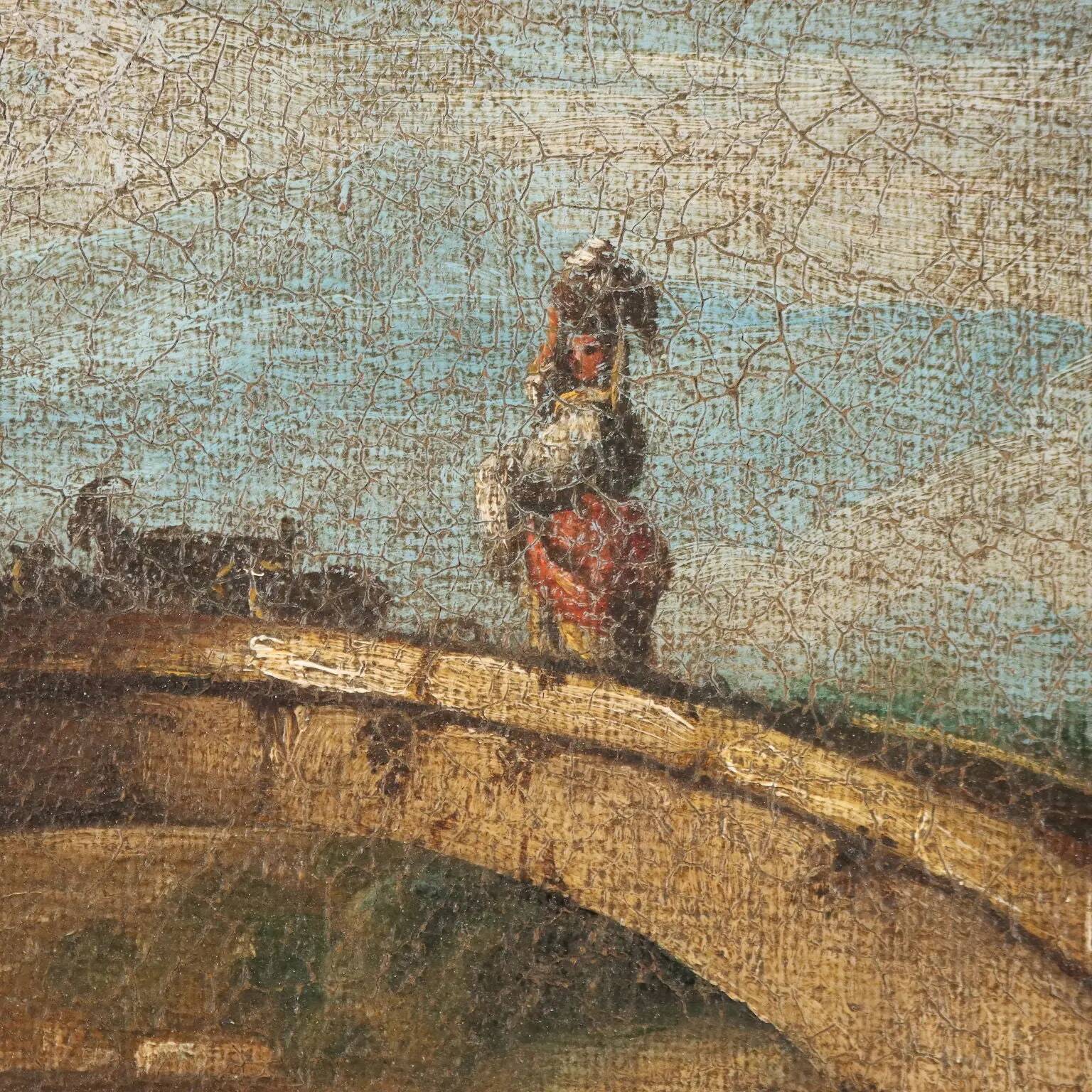 Old painting landscape with bridge, oil on canvas, 18th century