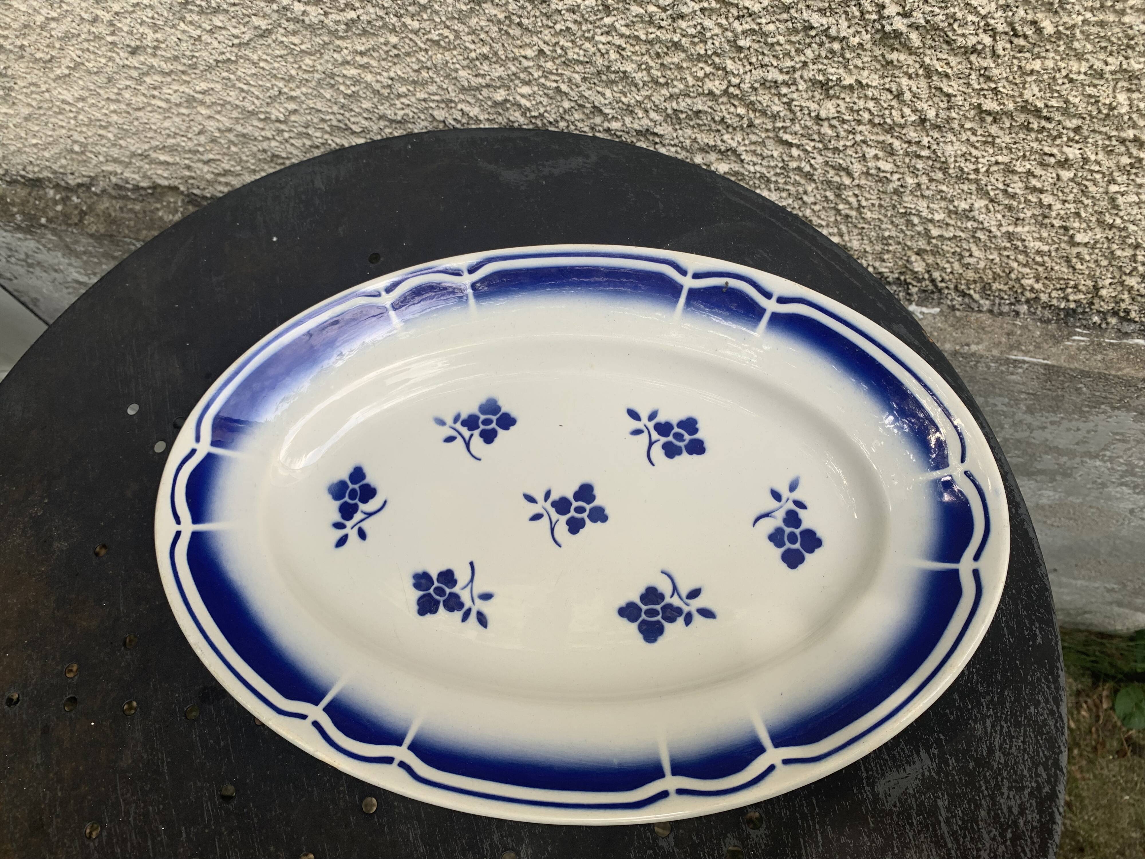 Art Deco earthenware blue flower serving dish