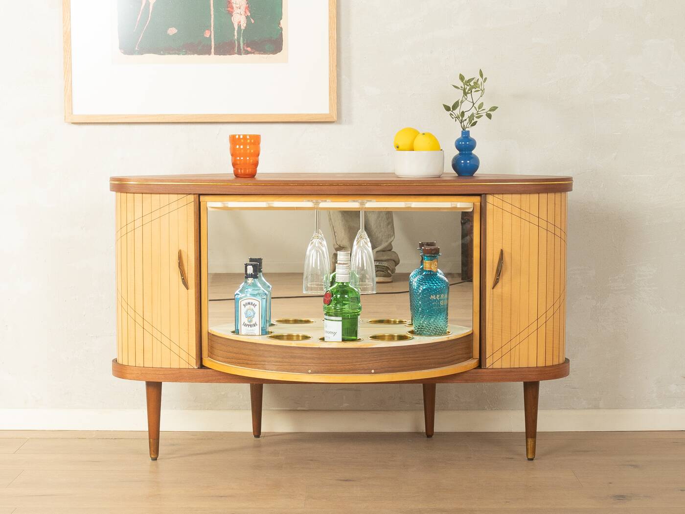 Elegant bar cabinet from the 1950s with rotating compartment and mirrored back