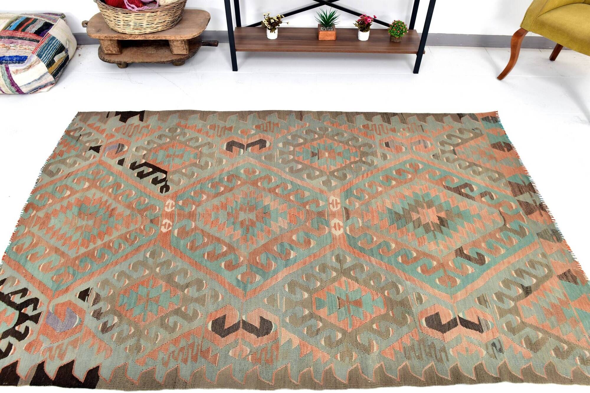 5x8 Blue & Brown Turkish Vintage Kilim Rug, 153x235Cm SK 35166