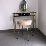 Coiffeuse laiton , verre et plastique noirs avec son tabouret moumoute