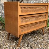 Rattan wardrobe and its compass-legged chest of drawers, 1960