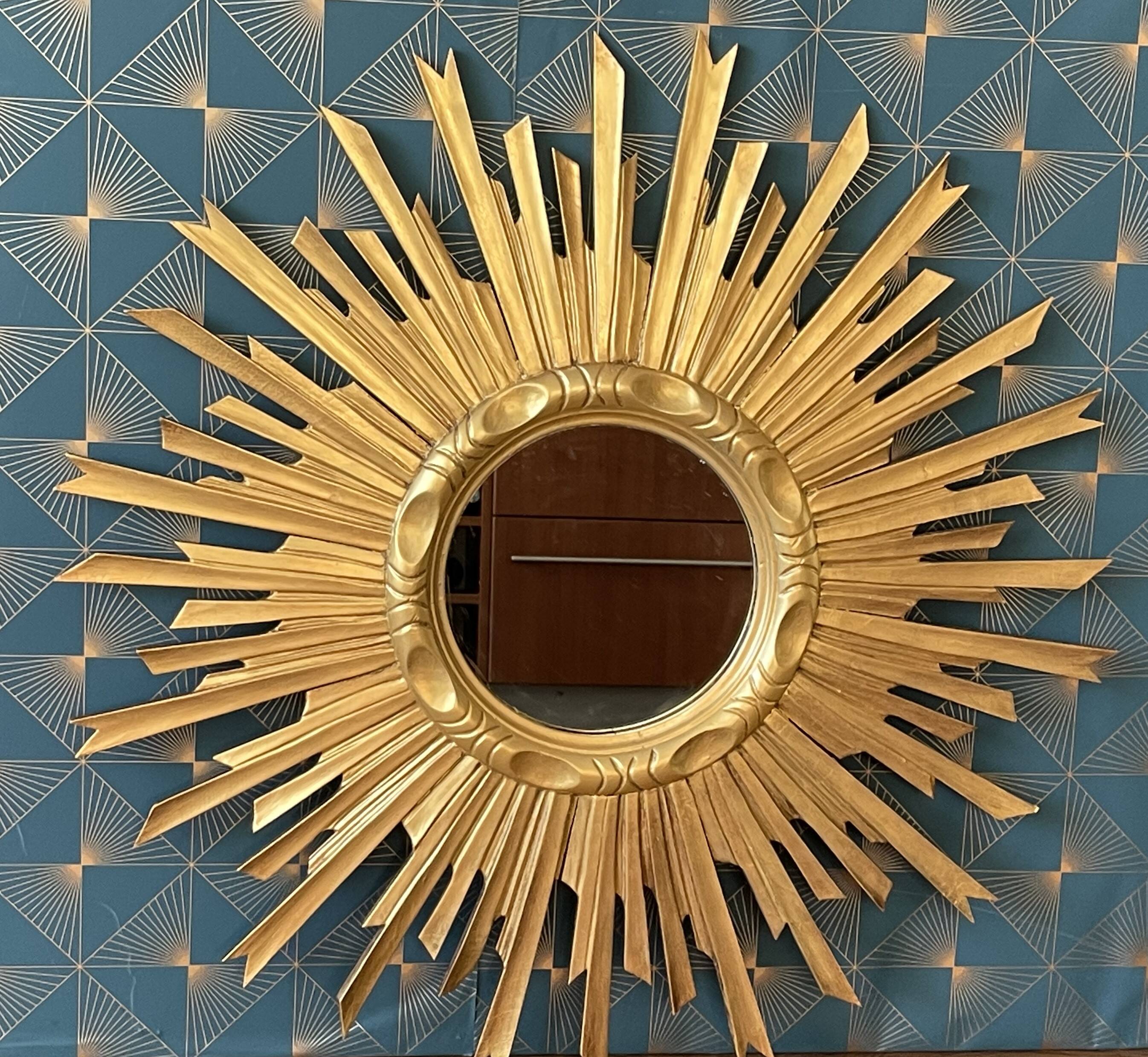 Old gilded wood sun mirror, 70 cm, mid-20th century