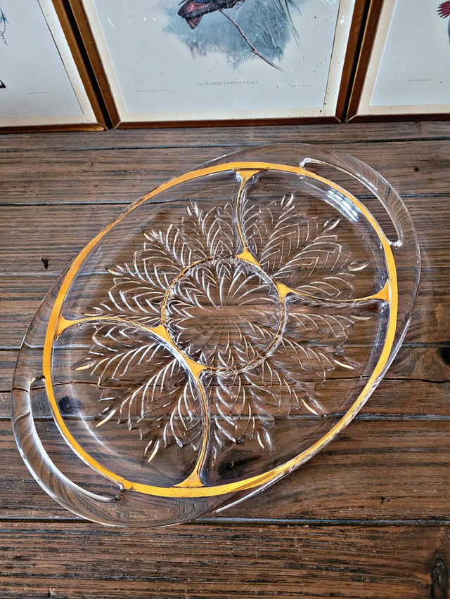 Vintage glass moulded aperitif server with handles and gilding.