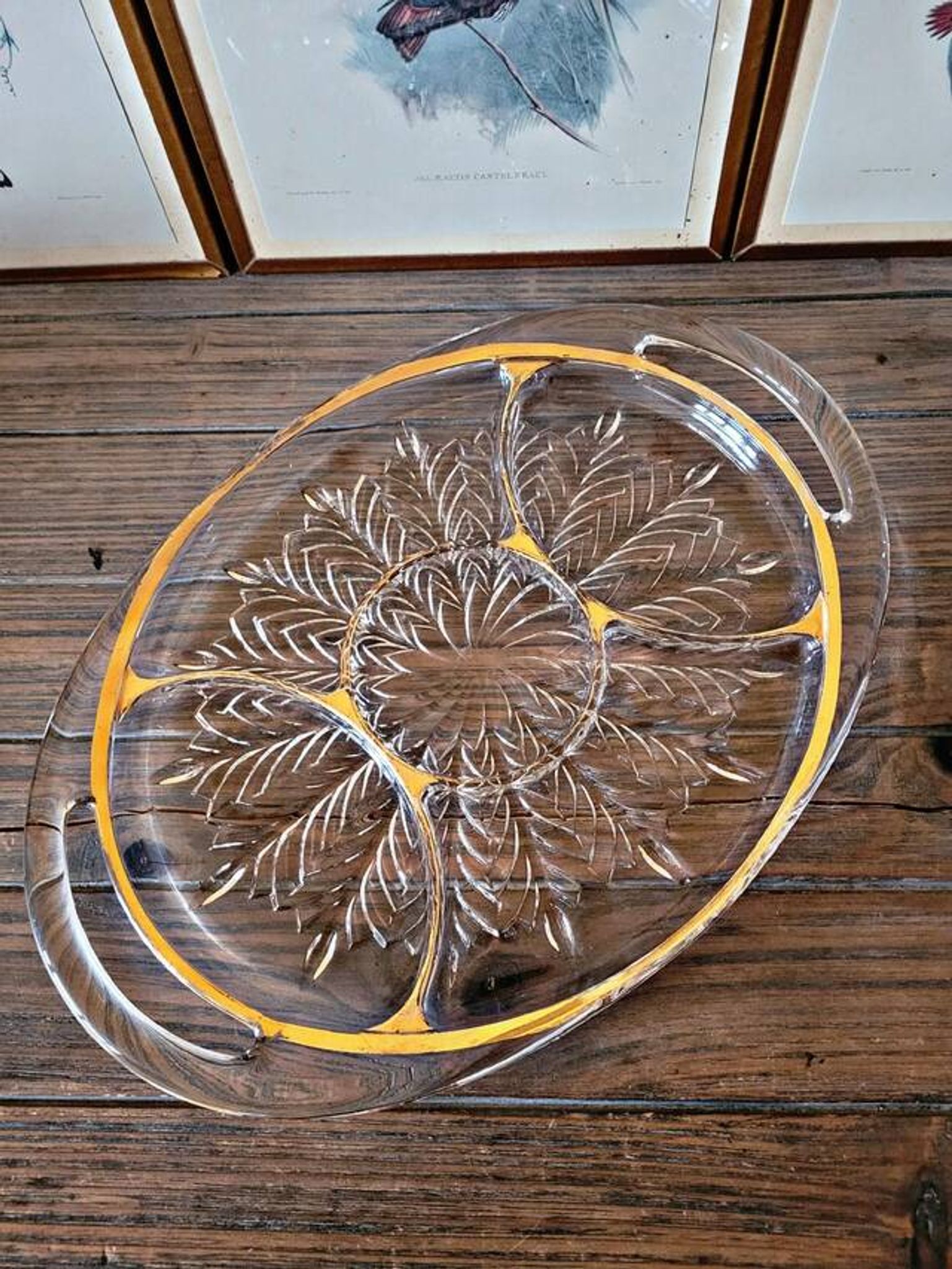 Vintage glass moulded aperitif server with handles and gilding.