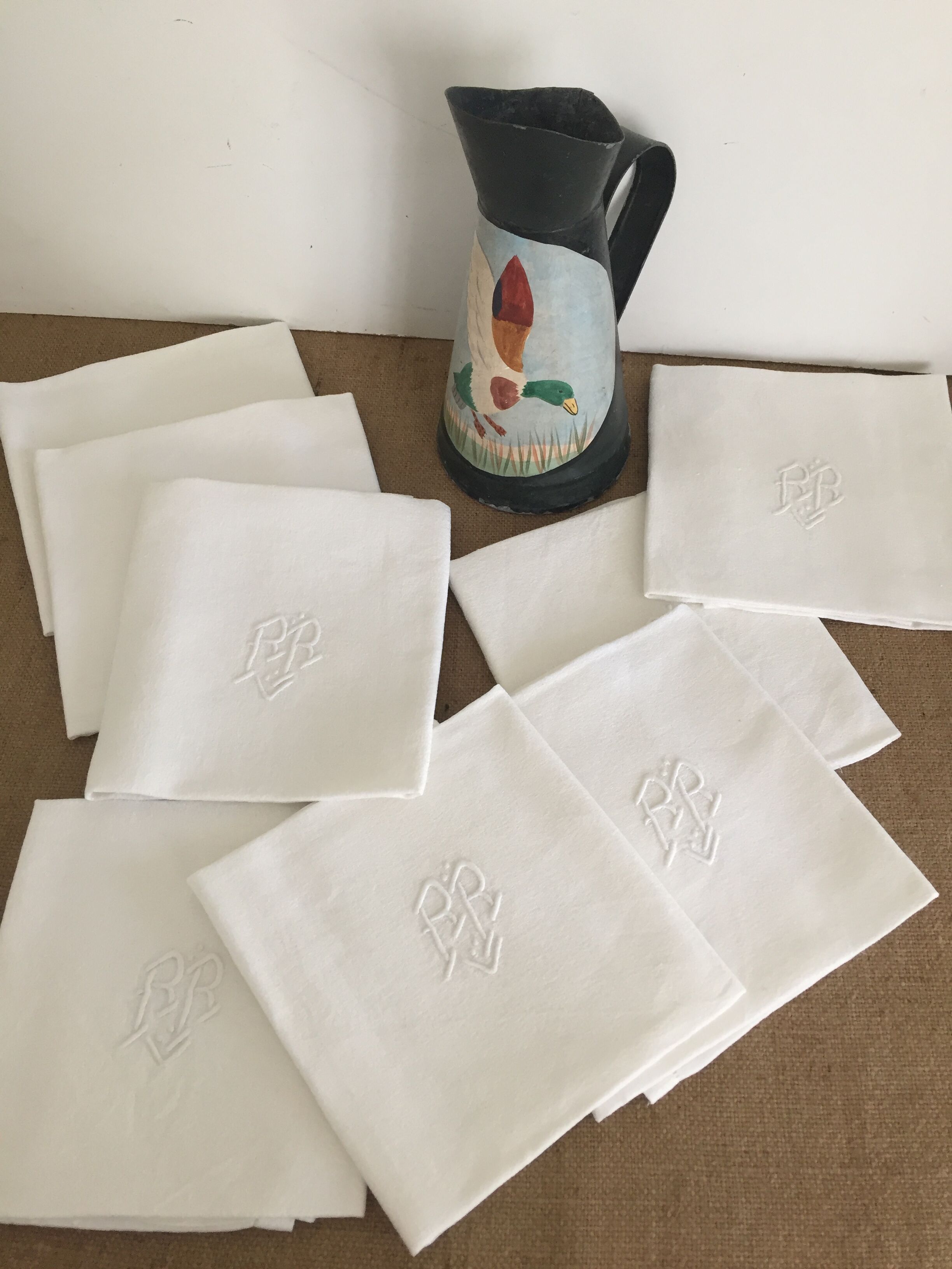 8 damask napkins, monogram, old linen
