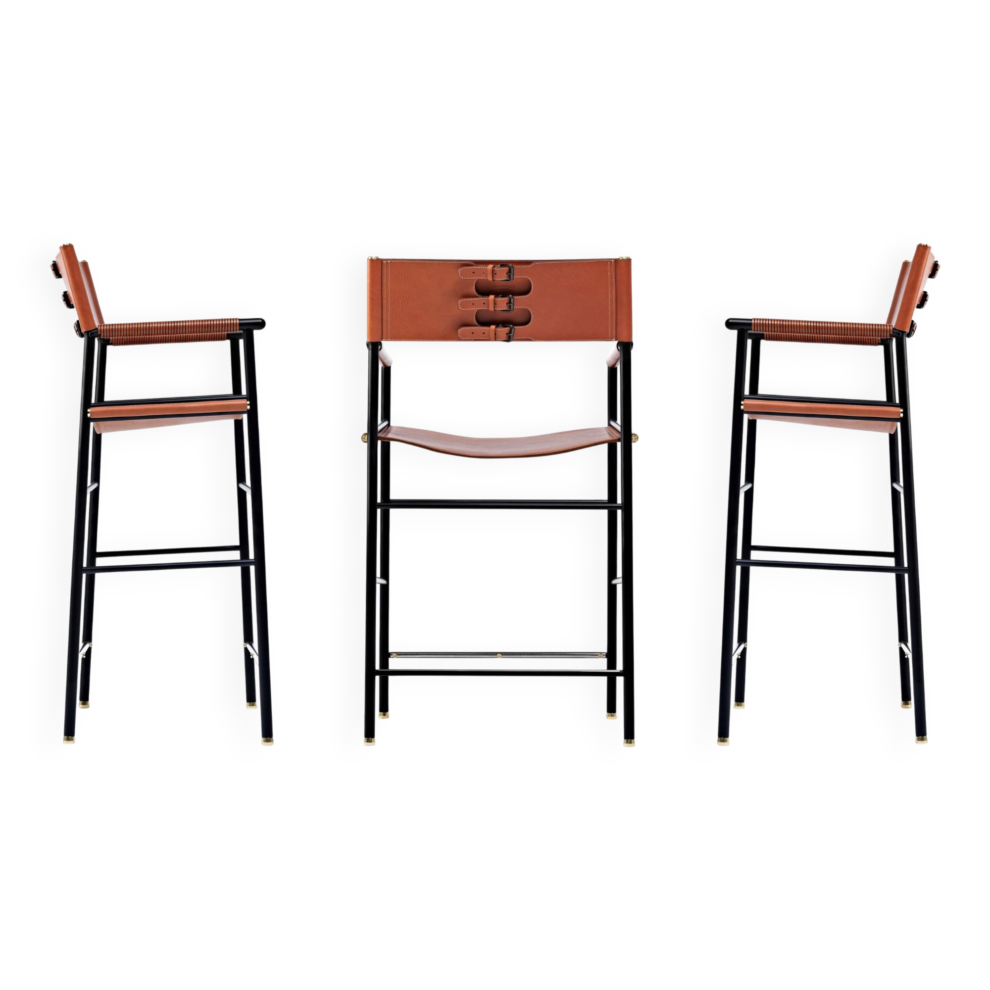 Set of 3 Counter Bar Stools with Backrest Natural Tan Saddle Black Rubber Metal