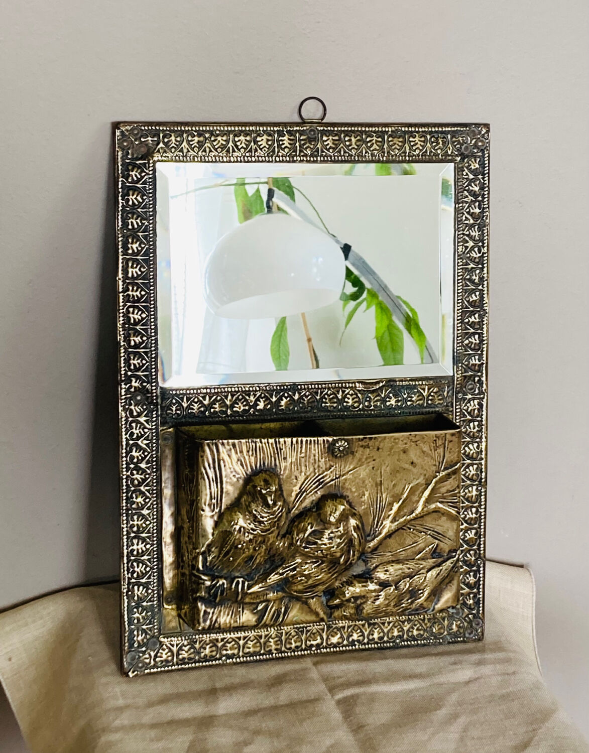 Art Nouveau mail rack in brass repelled beveled mirror early twentieth century