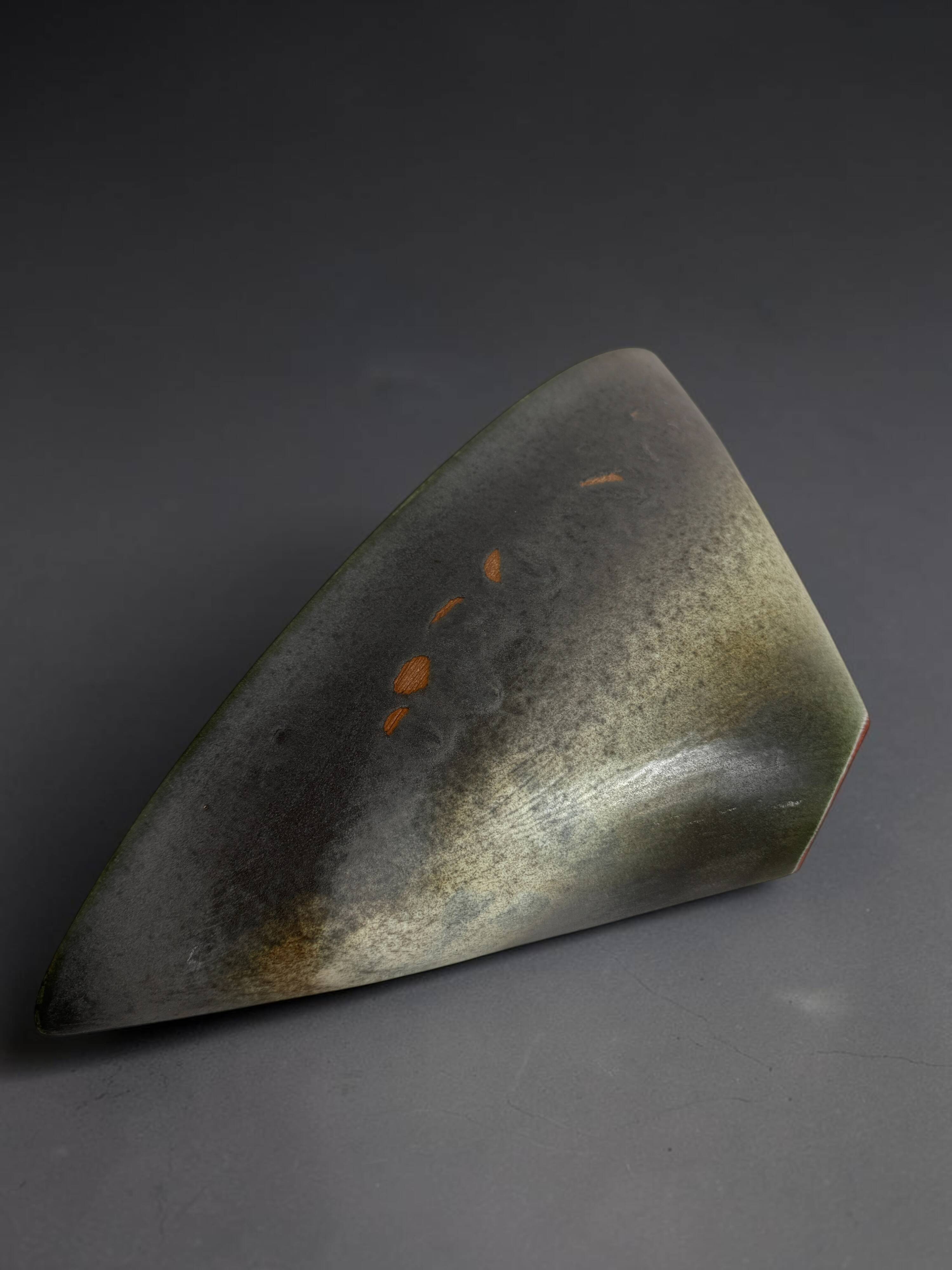 Antonio Lampecco shuttle vase, glazed grey-green ceramic, signed.