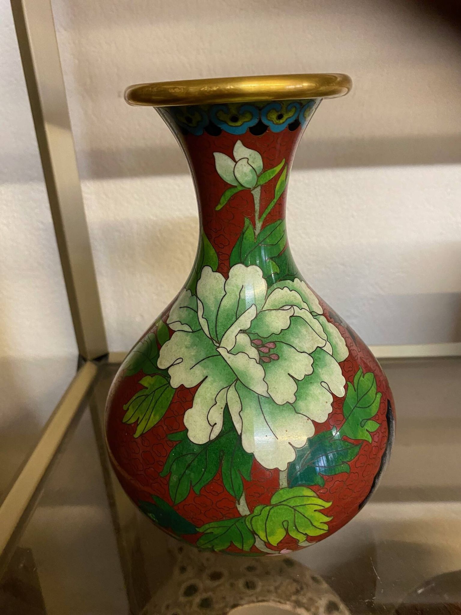 CLOISONNE VASE WITH LOTUS FLOWERS DECOR IN BURGUNDY TONES
