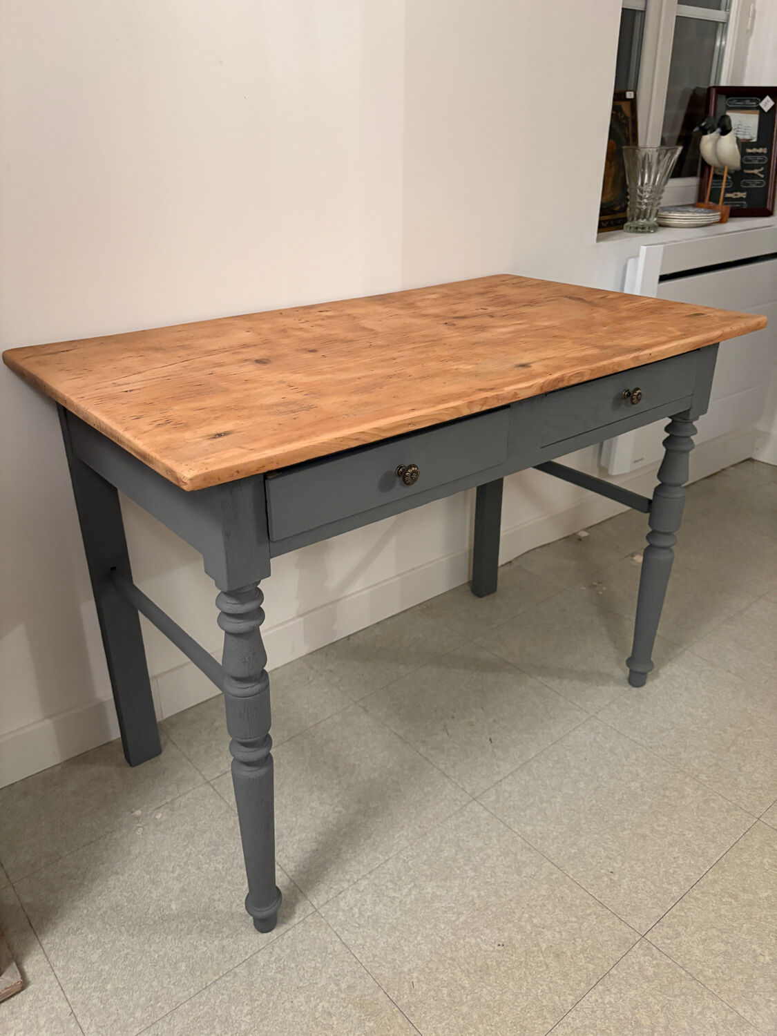Revisited antique desk - matte grey and natural top