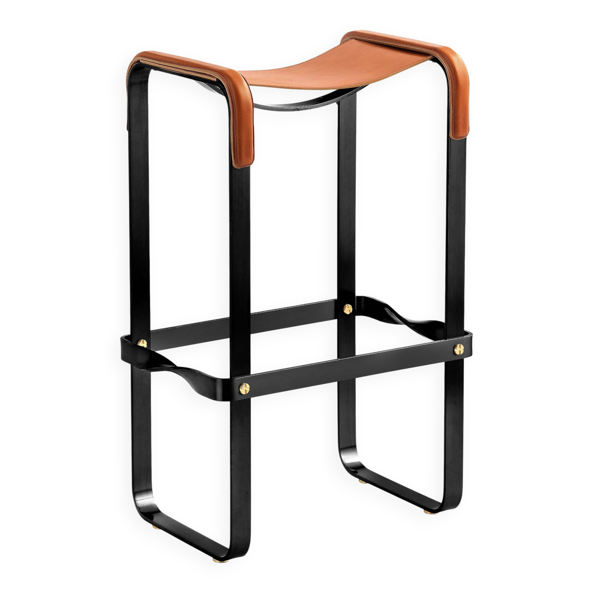 Contemporary bar stool in smoked black metal and natural tobacco leather.