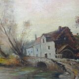 Tableau, huile sur toile en lin signée, "Ferme sur étang", XIXème s.