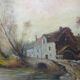 Large painting farm on pond old 19th century signature oil on linen canvas
