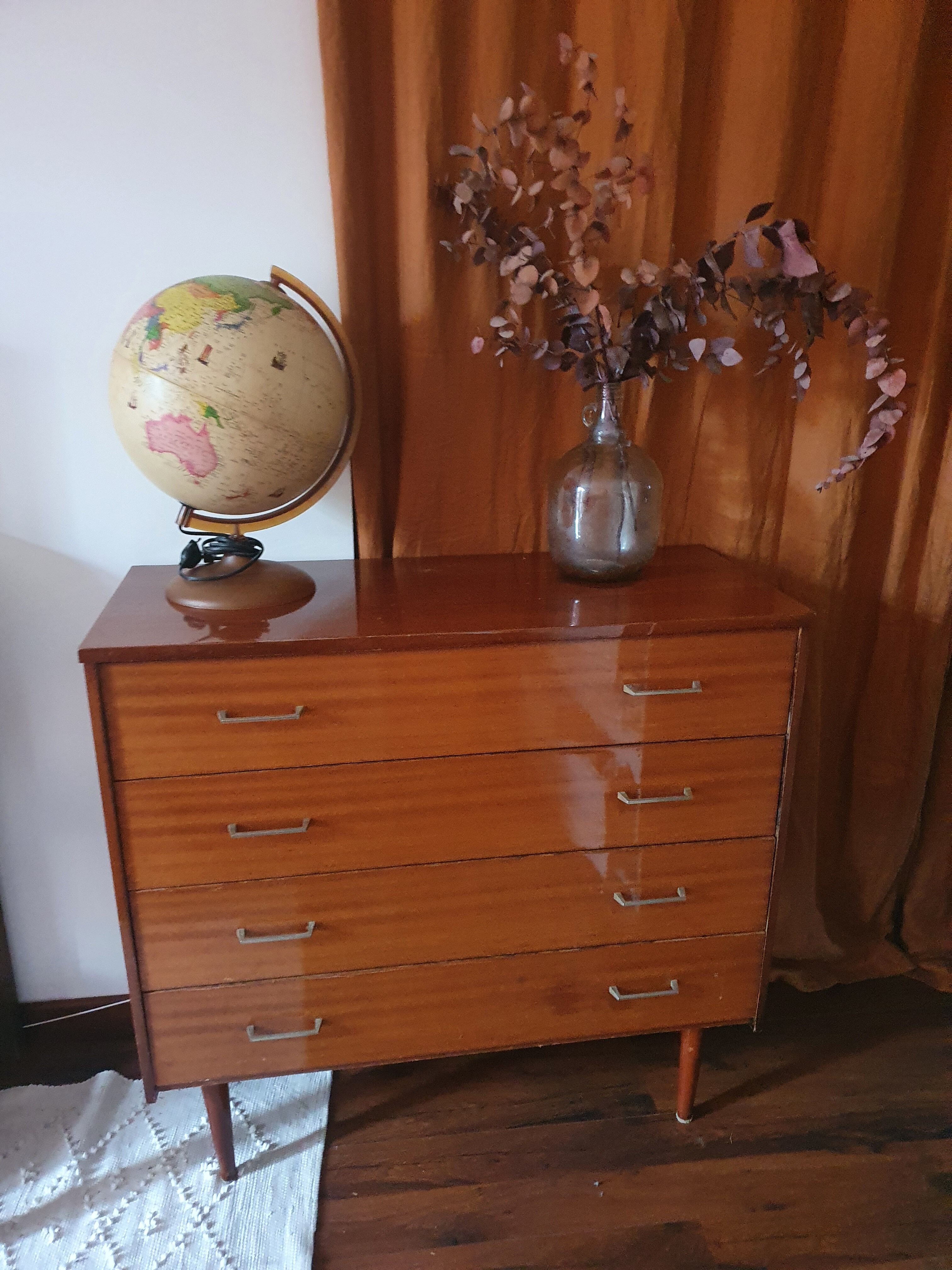 Commode vintage année 60 marron vernis 4 tiroirs