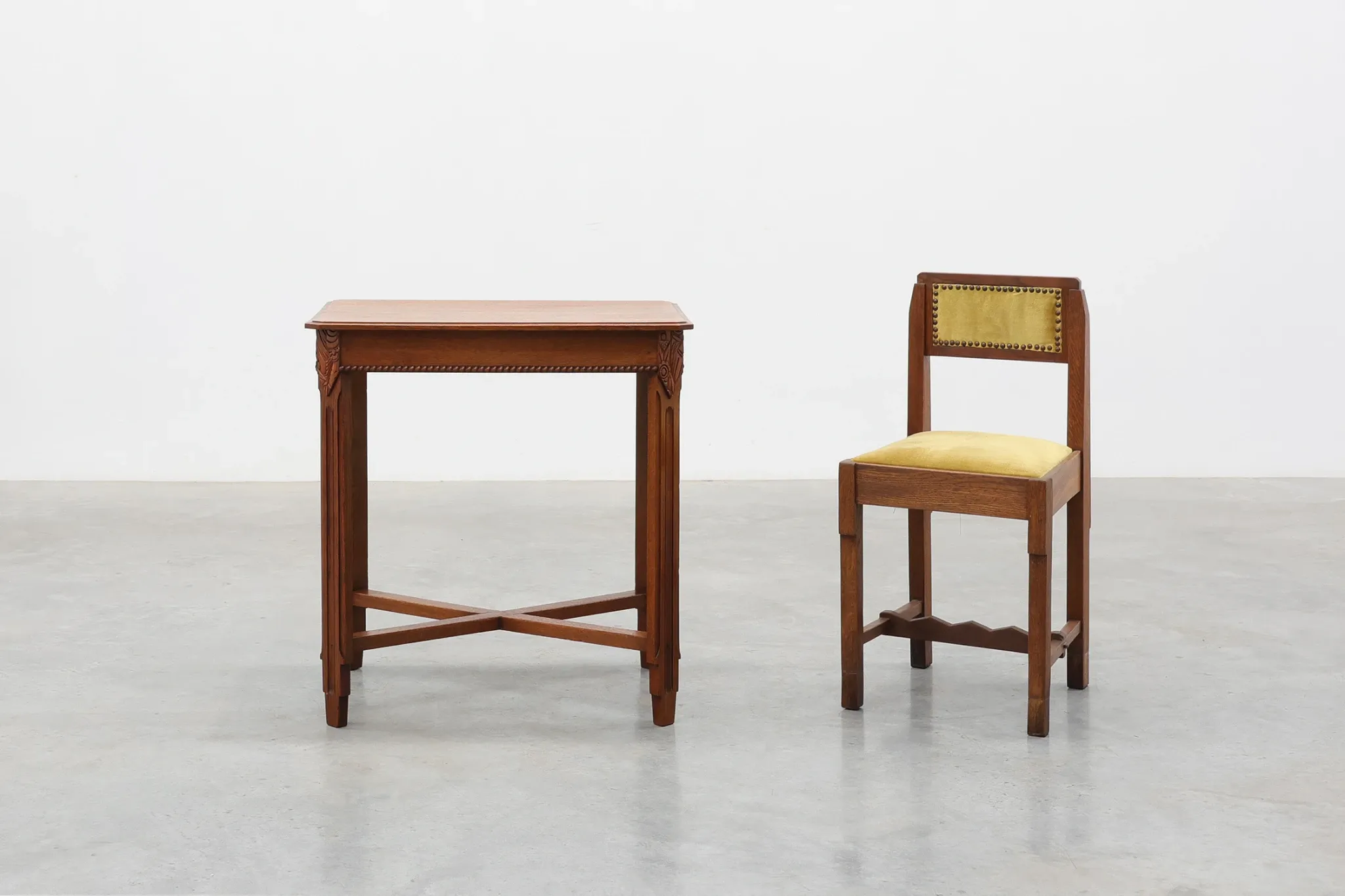 French Art Deco Side Table with Fluted Legs, Carved Frieze and X-Stretcher,