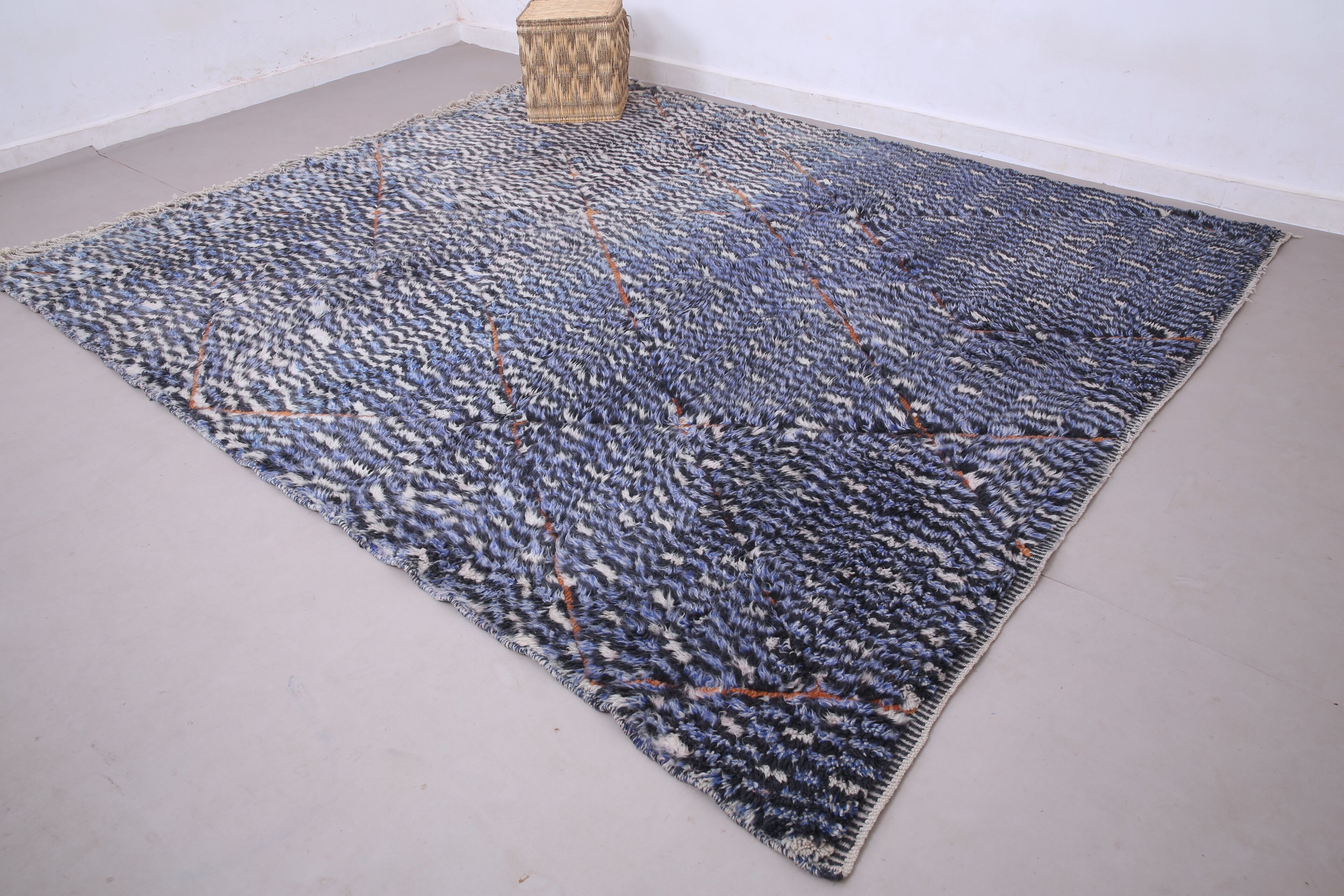 Blue Handmade Beni merirt Rug 258 x 305 cm - Abstract Wool Rug - Berber Rug