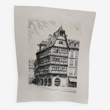 Engraving print on intaglio copper, original vintage architecture building print