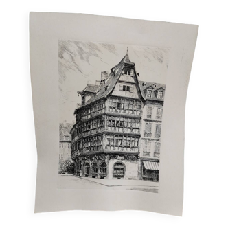 Engraving print on intaglio copper, original vintage architecture building print